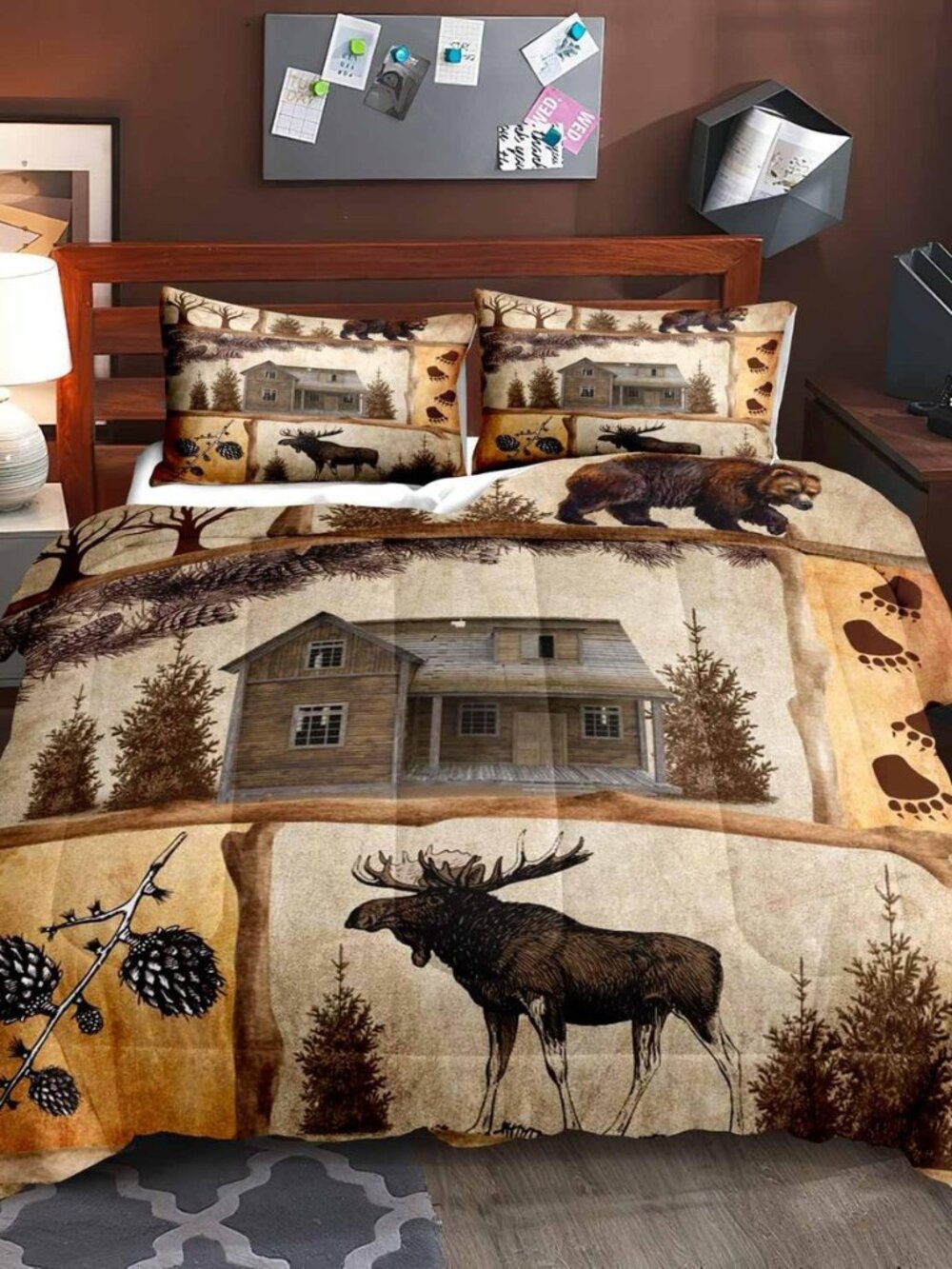 3PCS Rustic Cabin Comforter Set Queen Size, Bear Deer Bedding Quilt, Elk Moose